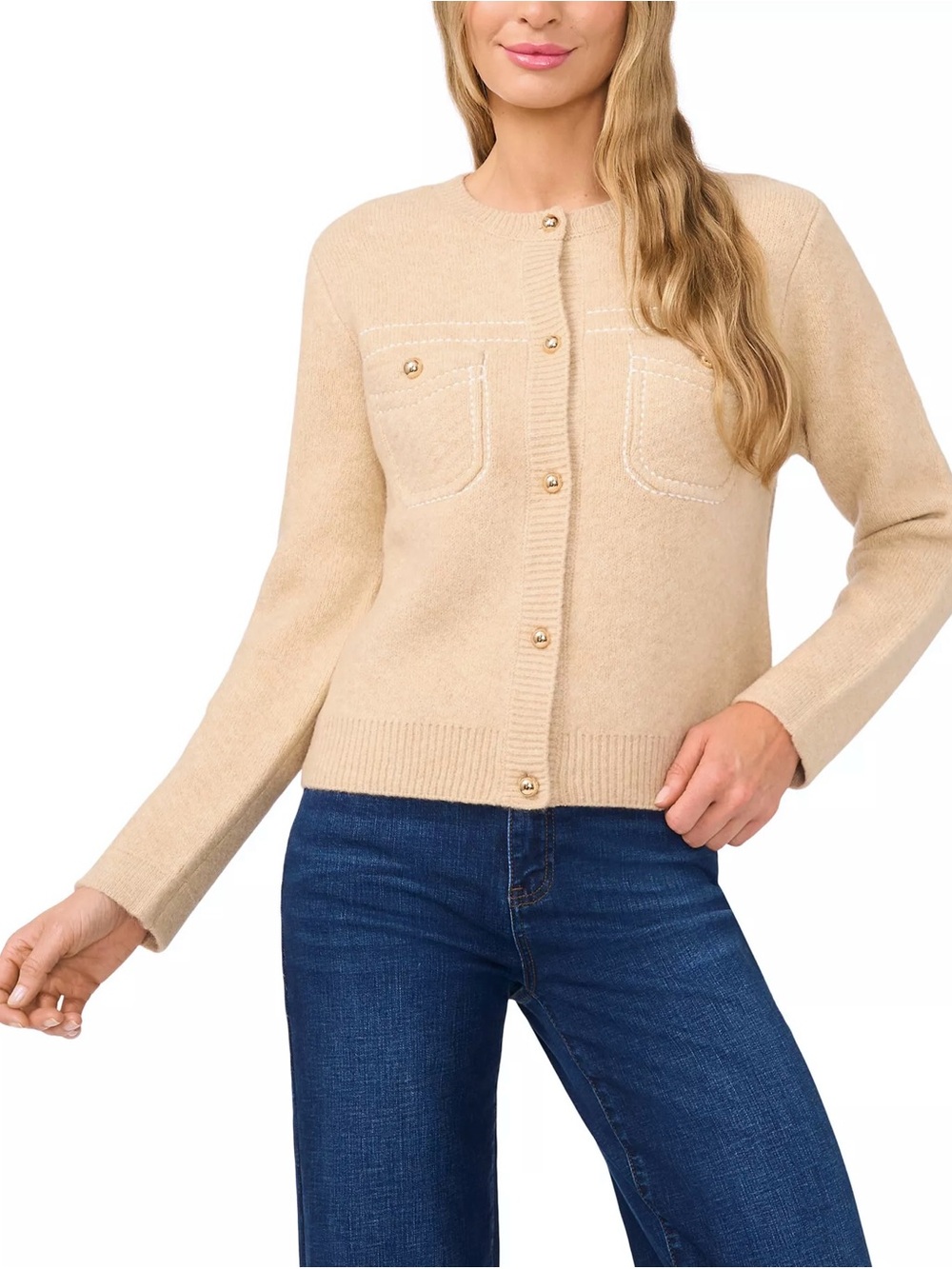CECE M Long Sleeve Patch Pockets Cardigan • Neutral Tan Classic Preppy Sweater